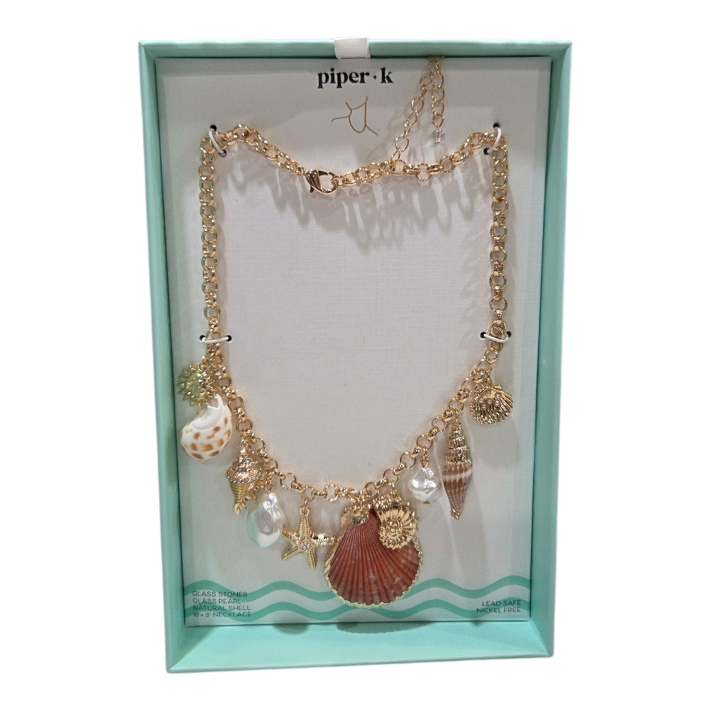 🤎▪️Piper K ▪️ Gold Brown Natural shell Charm Pearl/ Stone 16in Necklace